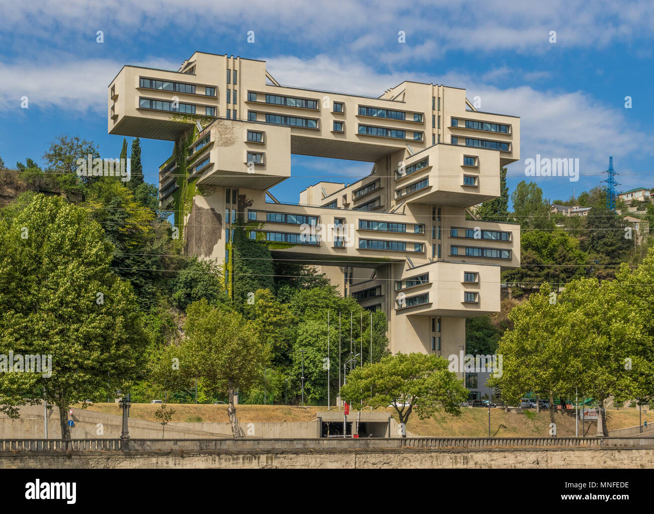 In Tbilisi is possible to find many examples of soviet modern architecture. Here in particular the new National Bank of Georgia Stock Photo