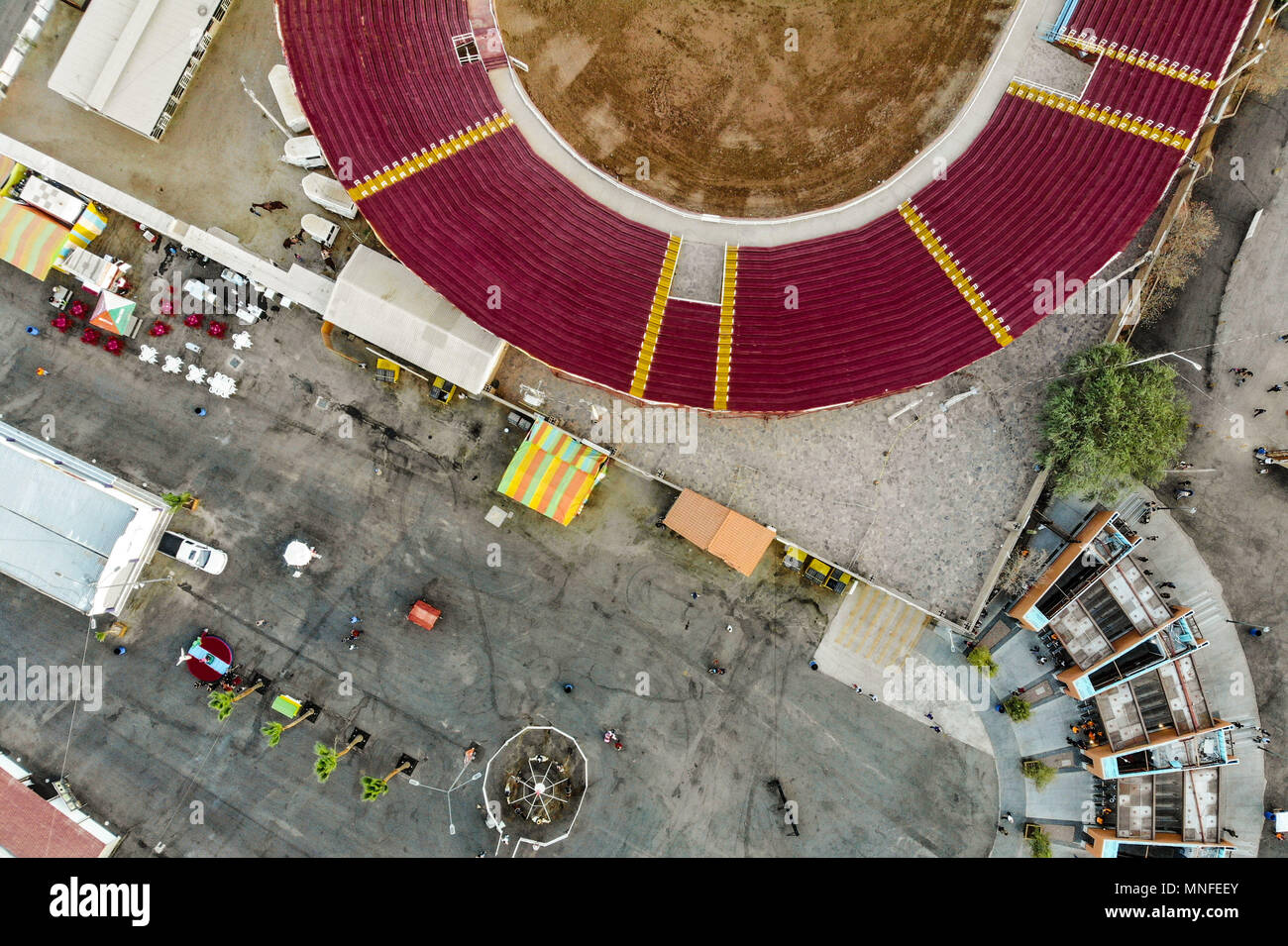 Aerial view of the Rodeo arena, rides and facilities and corrals of the