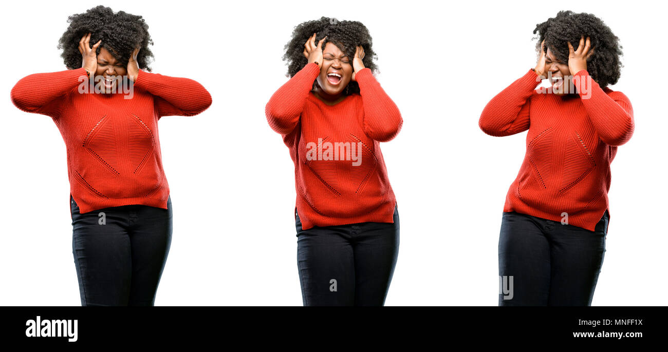 Young beautiful african plus size model stressful keeping hands on head ...