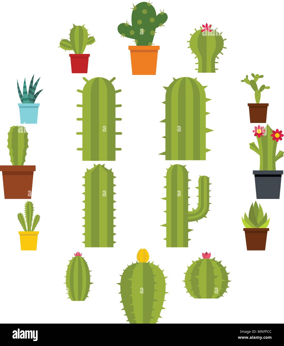 Different cactuses icons set in flat style Stock Vector