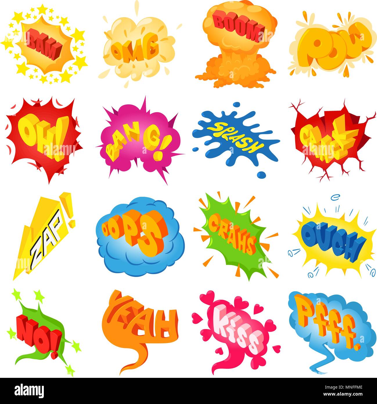 Comic colored sound icons set, isometric style Stock Vector