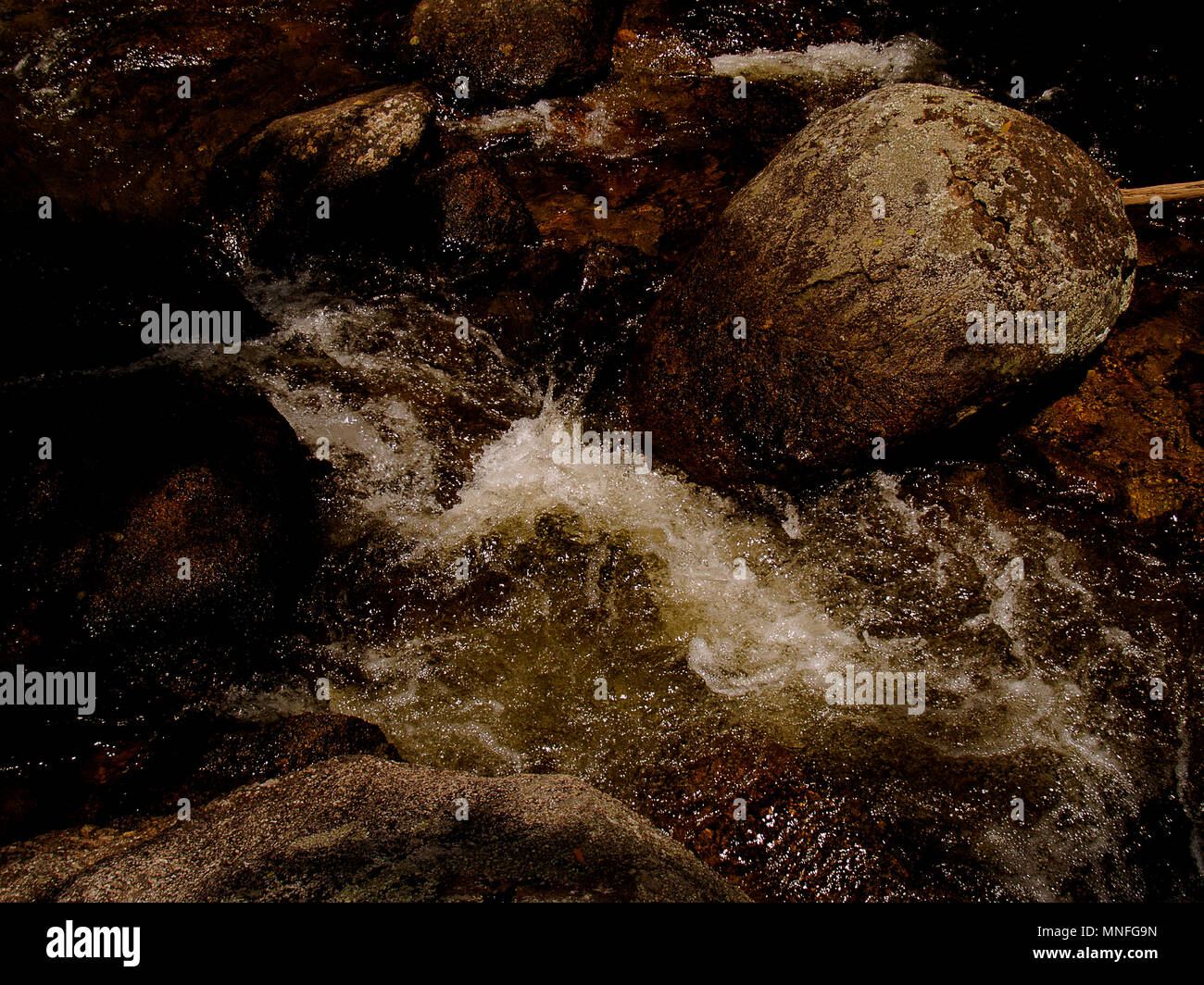 Creek flowing swiftly between boulders Stock Photo