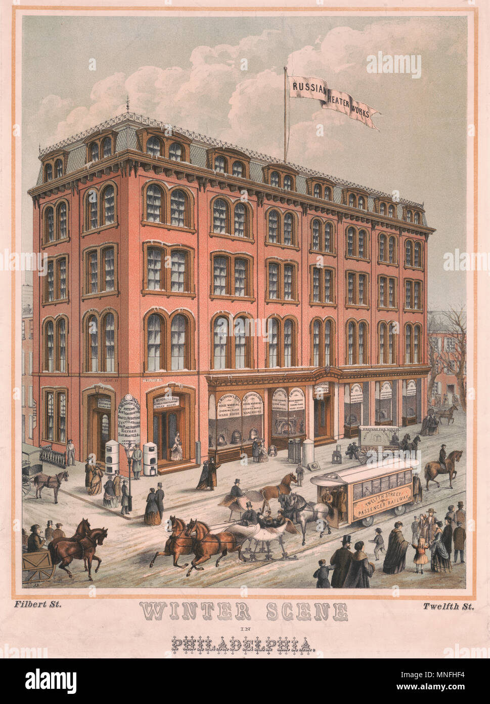 Winter scene in Philadelphia - Print shows a street scene in winter in front of the Russian Heater Works at the intersection of Filbert and Twelfth streets in Philadelphia; includes many pedestrians on the street, the Twelfth Street Passenger Railway, and horse-drawn sleighs, circa 1880 Stock Photo
