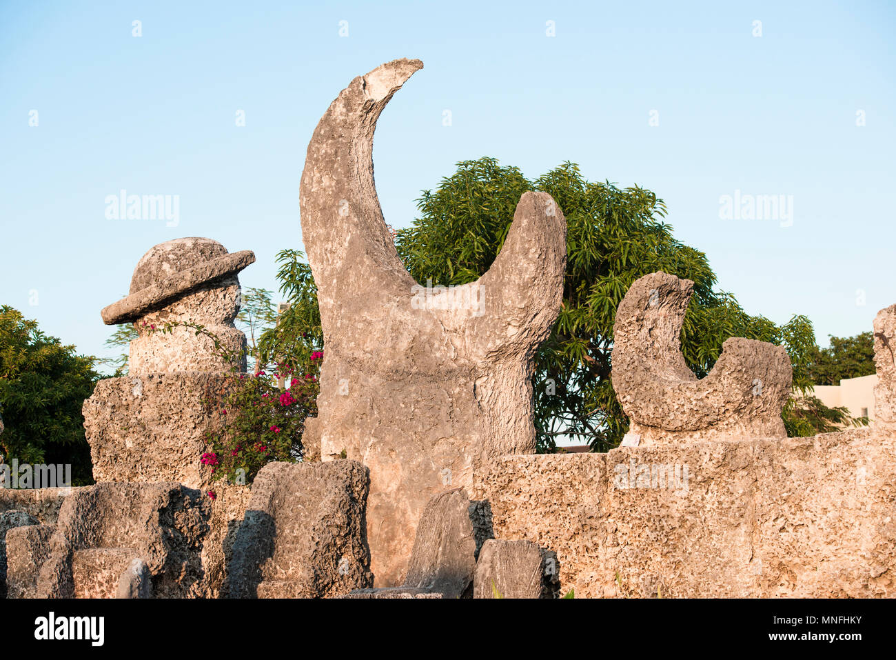 Planet Corner, Coral Castle. These multi-tone carvings by Ed Leedskalnin are believed to be ringed Saturn, the Venus Crescent and Mercury crescent. Stock Photo