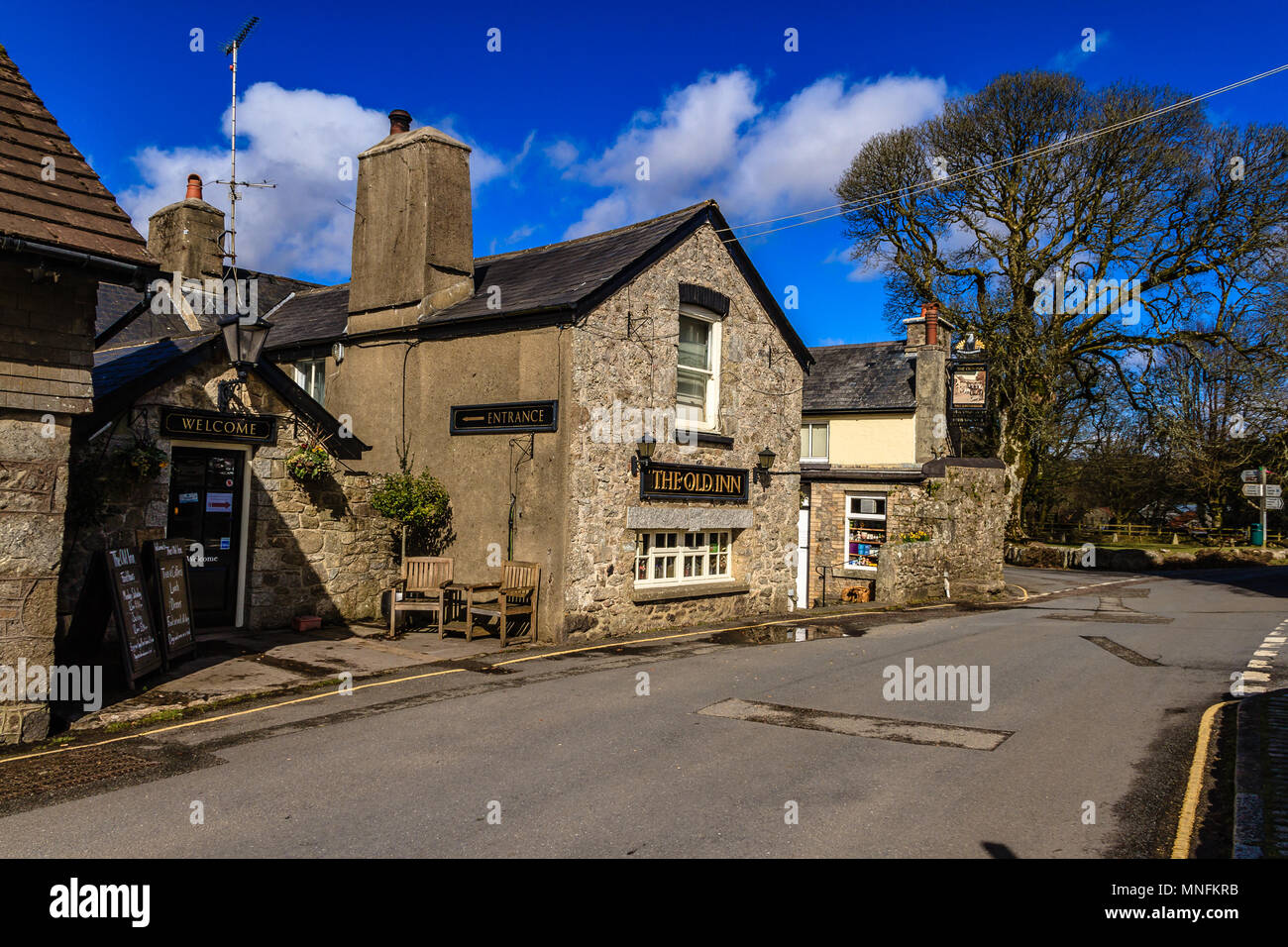 Street view of the Old Inn pub, Widecombe in the Moor, Dartmoor, Devon. March 2018. Stock Photo