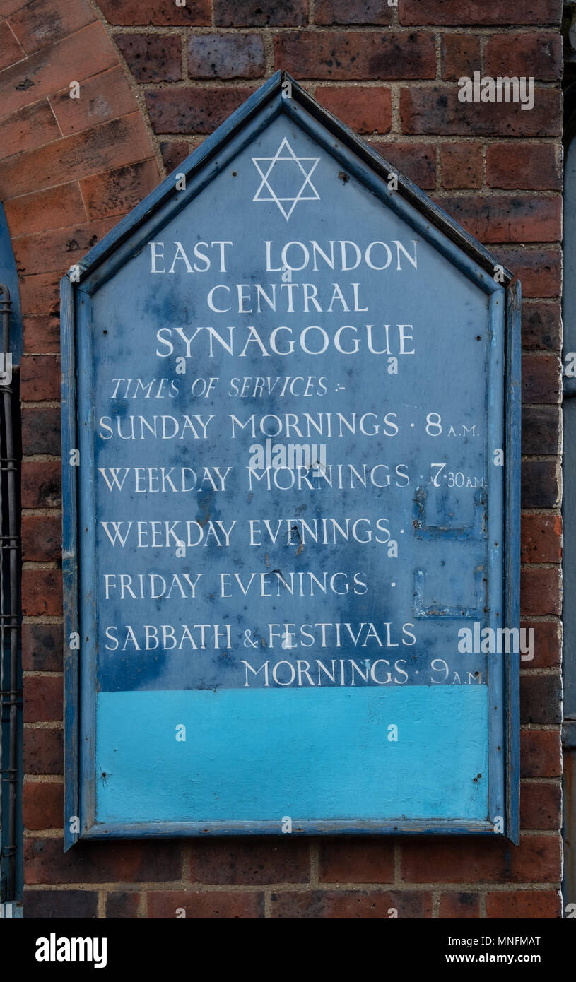 Sign outside the defunct East London Central Synagogue in Nelson, London UK. It was sometimes called the Nelson Street Sfardish Synagogue. Stock Photo