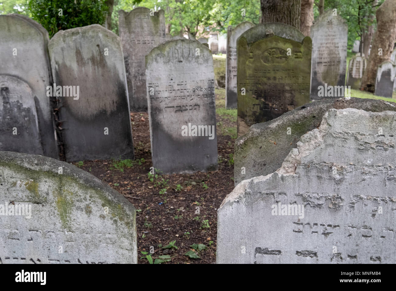 London UK. Close up photo of tombstones at the historic Jewish cemetery