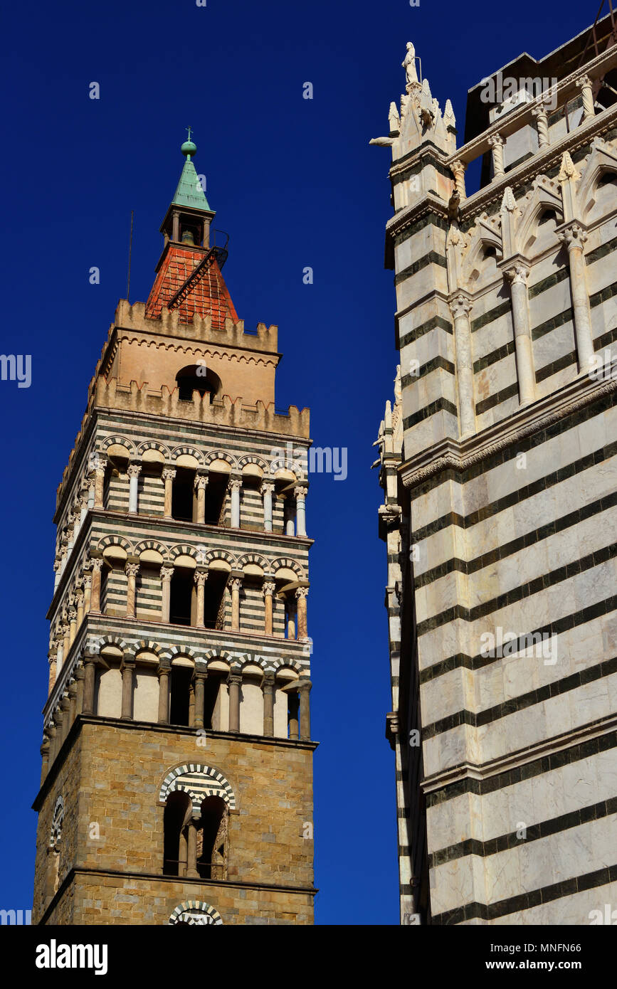 Pistoia beautiful landmarks. Medieval bell tower and gothic Saint John Baptistry in the historic city center Stock Photo