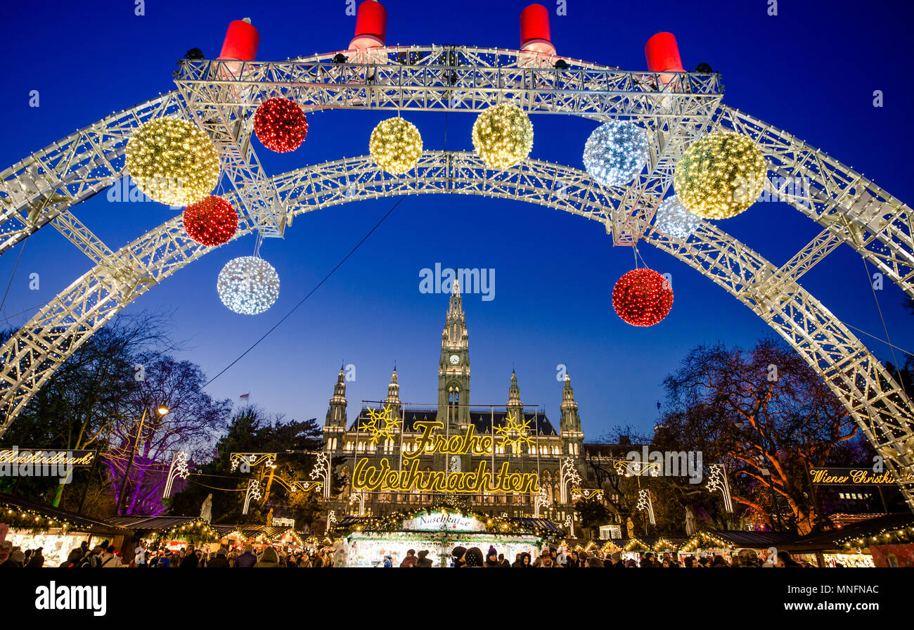 VIENNA, AUSTRIA - 6 DECEMBER 2016: People at the traditional Christmas Market in fornt of the City Hall (Rathaus), Wienn, Austria, Europe Stock Photo