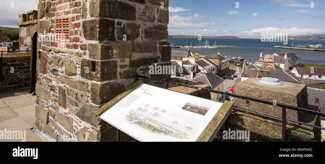 On the parapet of the Castle of St John in the centre of Stranraer looking out across Loch Ryan. A 16thc L-plan keep which was built by the Adairs of  Stock Photo