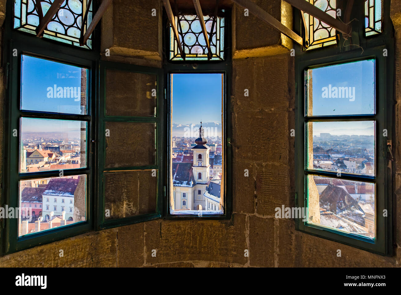 Sibiu, in the center of Transylvania, Romania. View from above with the  Fagaras Mountains in the back. HDR photo. City also known as Hermannstadt  Stock Photo - Alamy