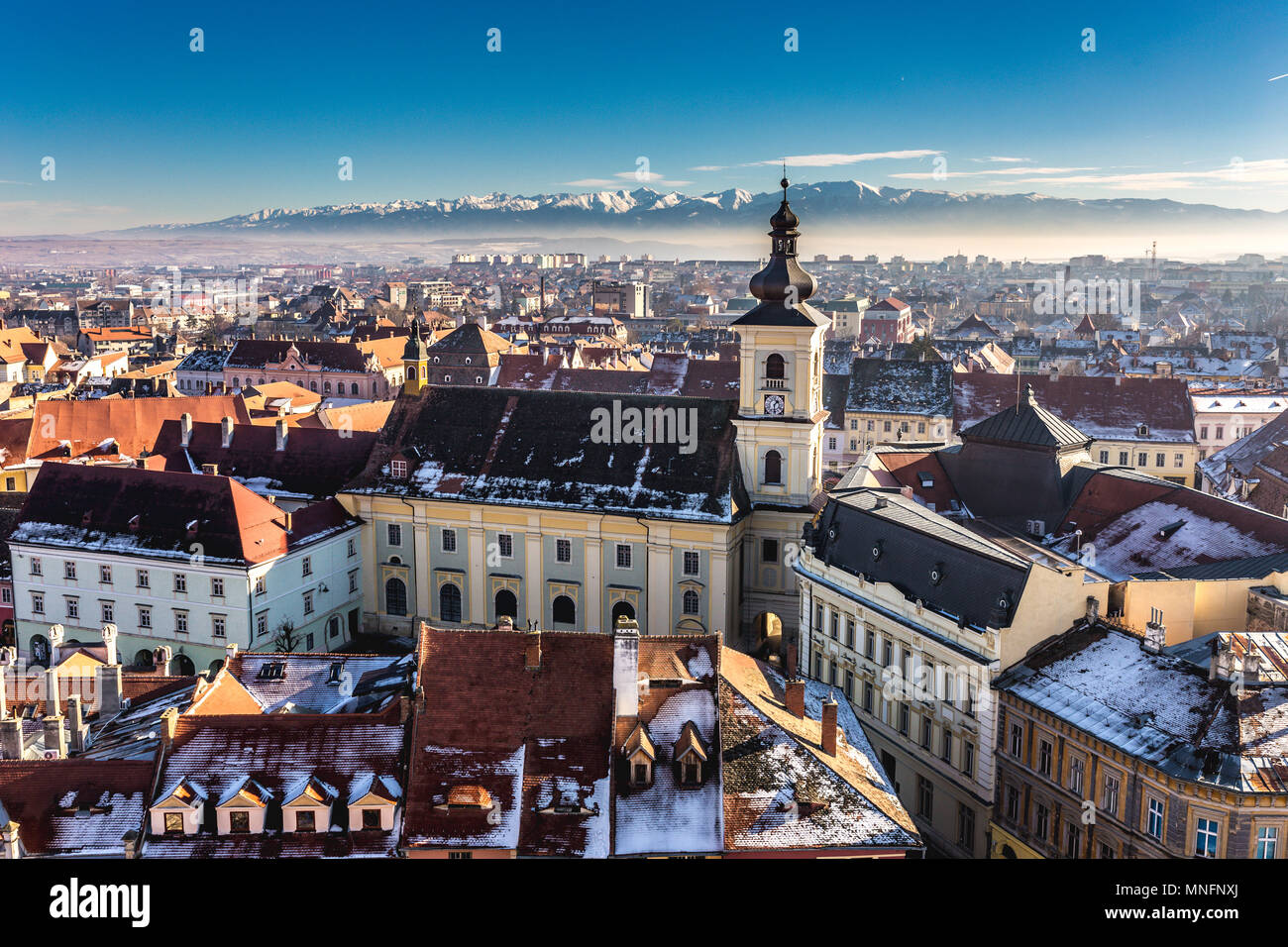 Panoramic view of Sibiu central square in Transylvania, Romania