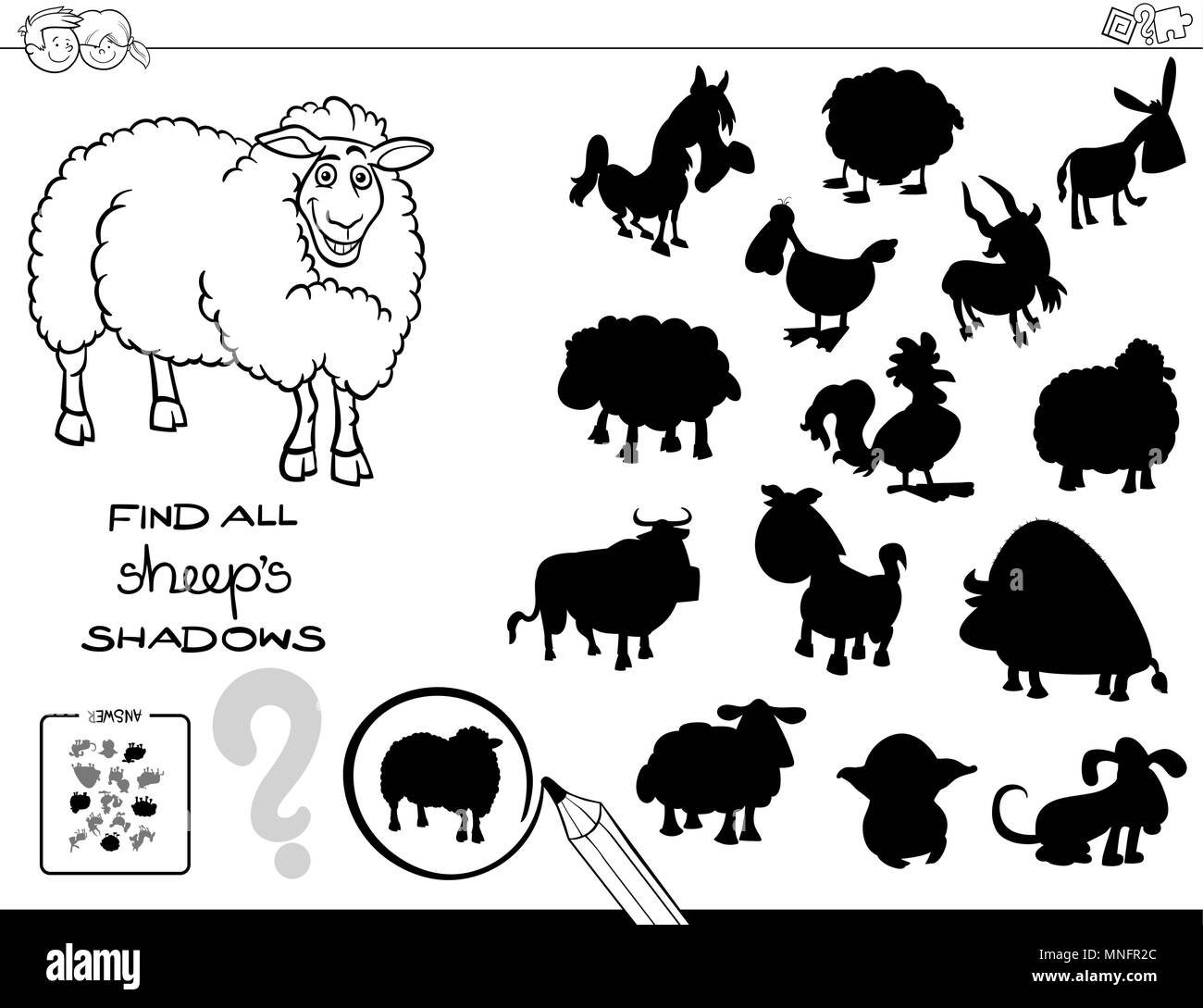 Black and White Cartoon Illustration of Finding All Sheep Shadows Educational Activity for Children Coloring Book Stock Vector