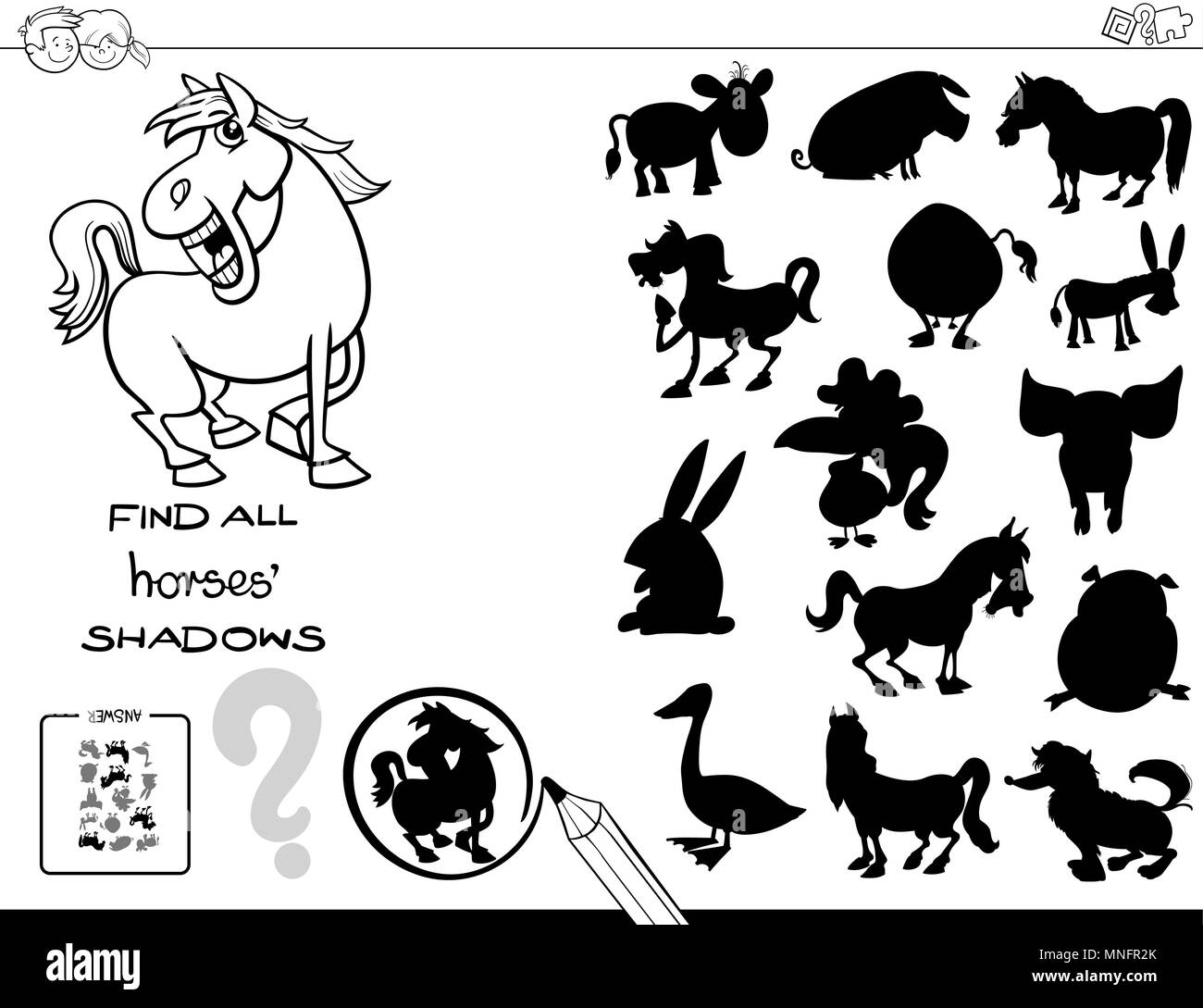 Black and White Cartoon Illustration of Finding All Horses Shadows Educational Activity for Children Coloring Book Stock Vector