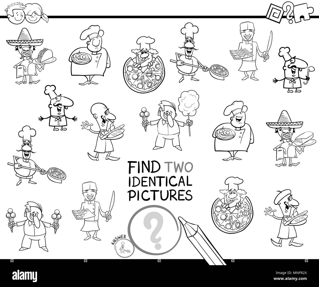 Black and White Cartoon Illustration of Finding Two Identical Pictures Educational Game for Children with Chef Characters and Food Coloring Book Stock Vector