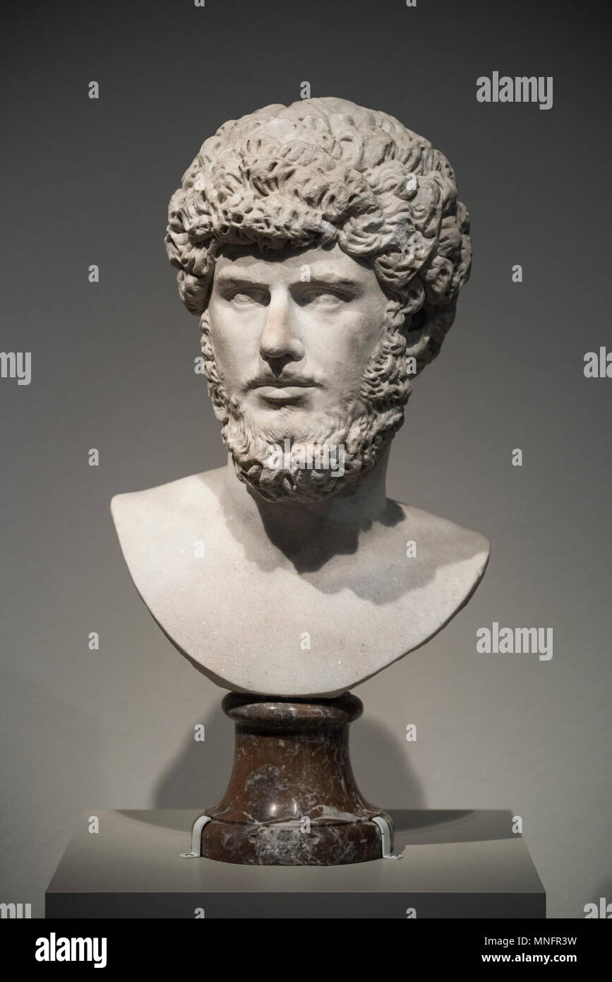 Berlin. Germany. Portrait bust of Roman Emperor Lucius Verus, Marble, 160-170 AD, Altes Museum.  Lucius Verus (Lucius Aelius Aurelius Commodus) was th Stock Photo