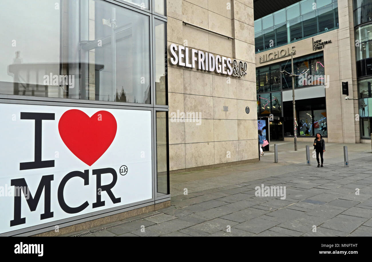 I love MCR - Harvey Nichols Manchester after Mike Ashley's Frasers Group bought the luxury department store chain out of administration. Stock Photo