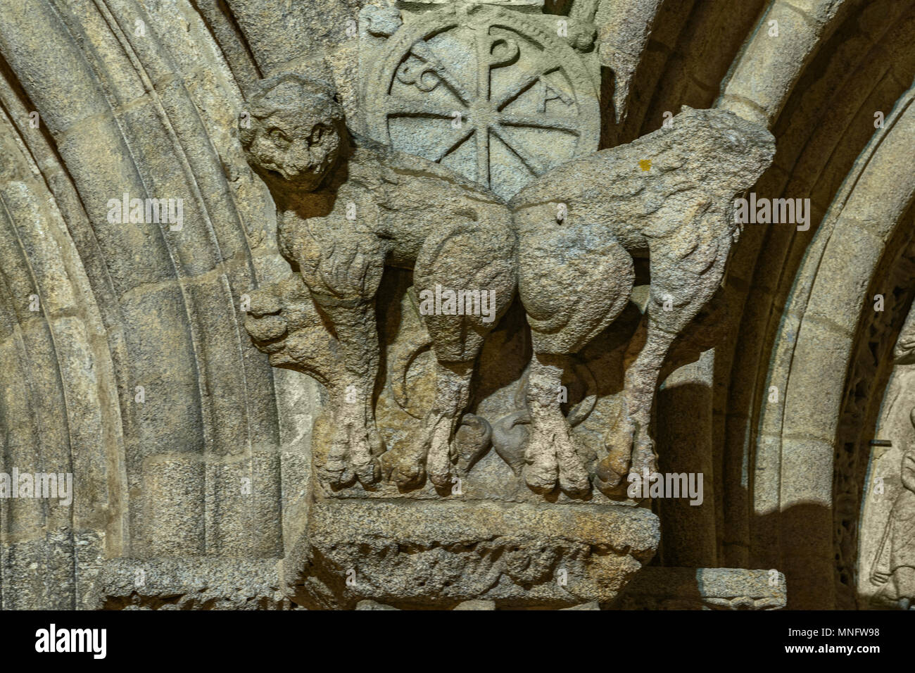Chapiter of a column outside the cathedral of Santiago de Compostela Galicia, Spain Stock Photo