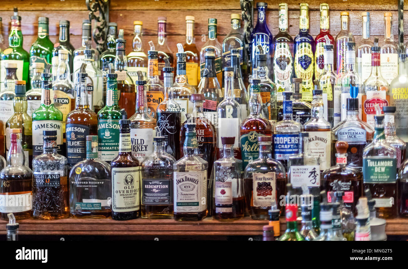 New Orleans, Louisiana - The bar at d.b.a., a live music club in Faubourg Marigny. Stock Photo