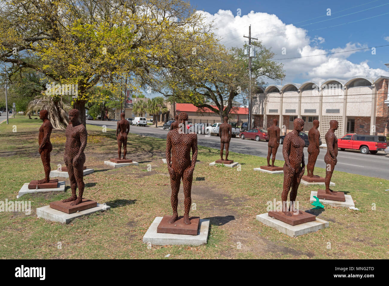 New Orleans, Louisiana - 'Eleven,' a sculpture by Jason Kimes, remembers the workers killed when BP's Deepwater Horizon oil rig exploded in the Gulf o Stock Photo