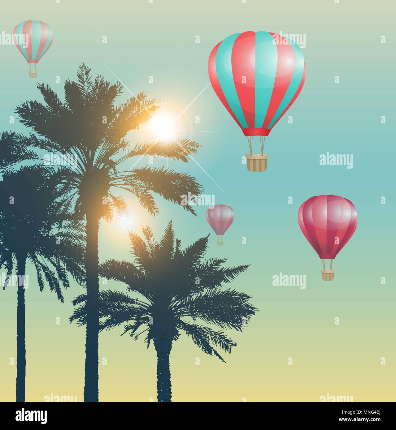 Travel background with red air balloons and palms Stock Vector