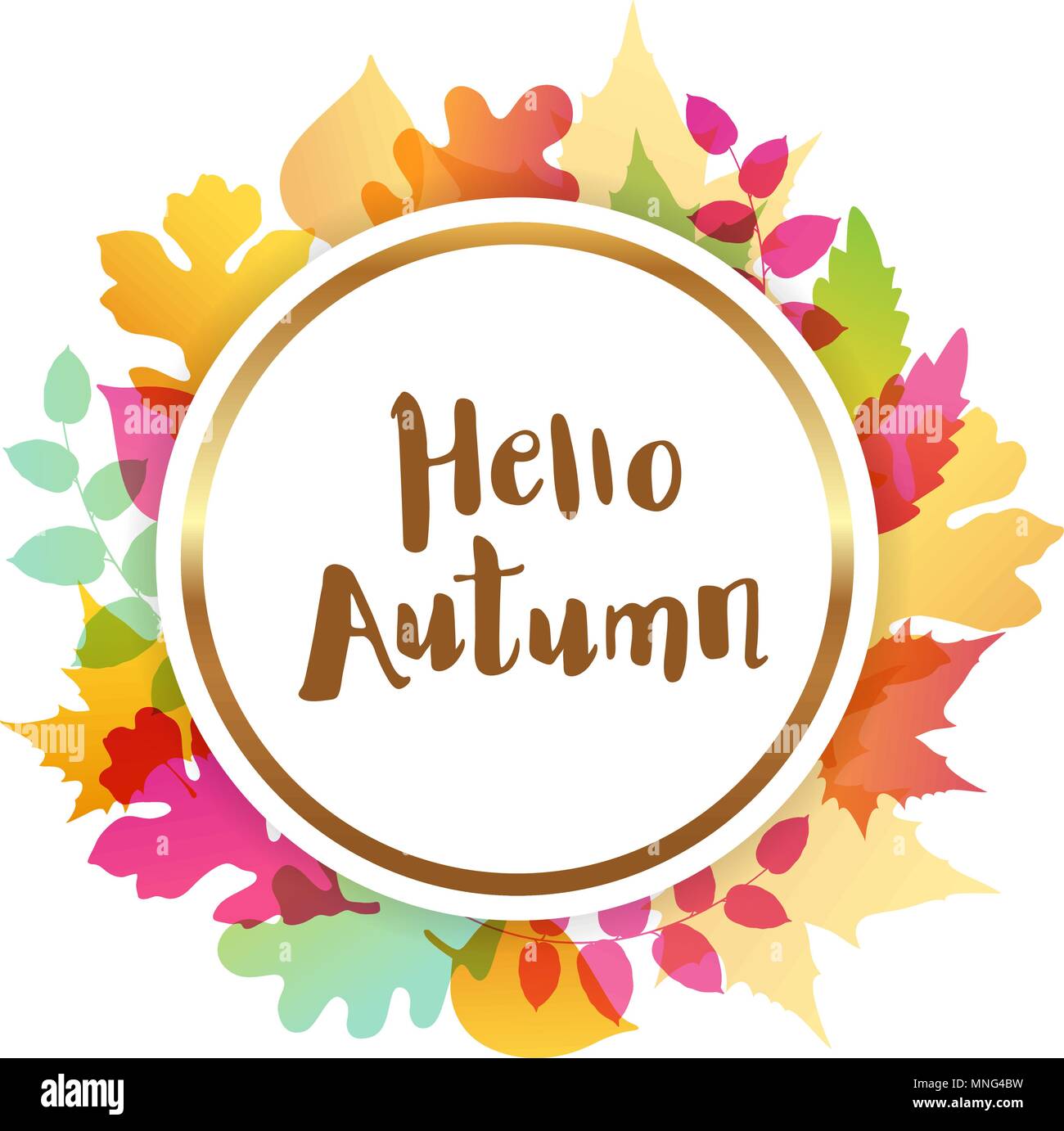 Bright abstract autumn banner with falling leaves. Hello autumn lettering. Stock Vector