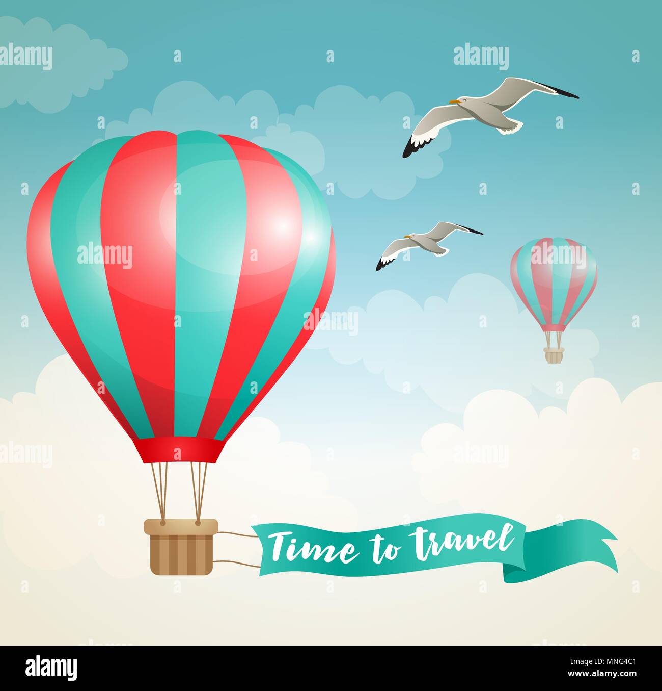 Travel background with air balloon and birds flying in the sky Stock Vector