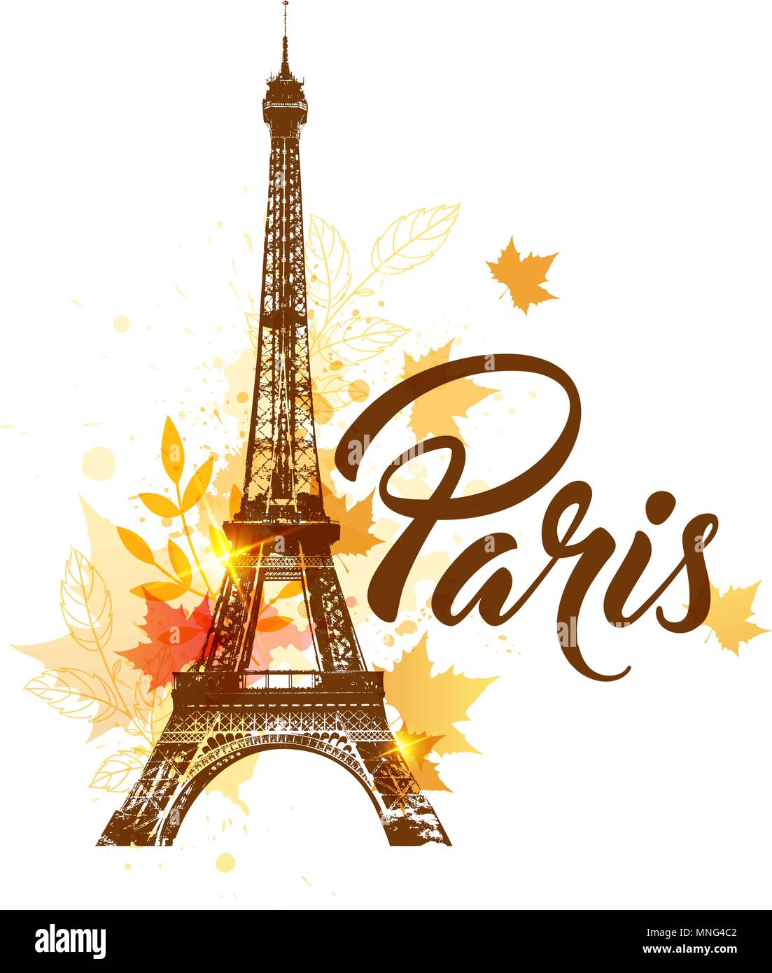 Vector background with Eiffel tower and autumn maple leaves Stock Vector
