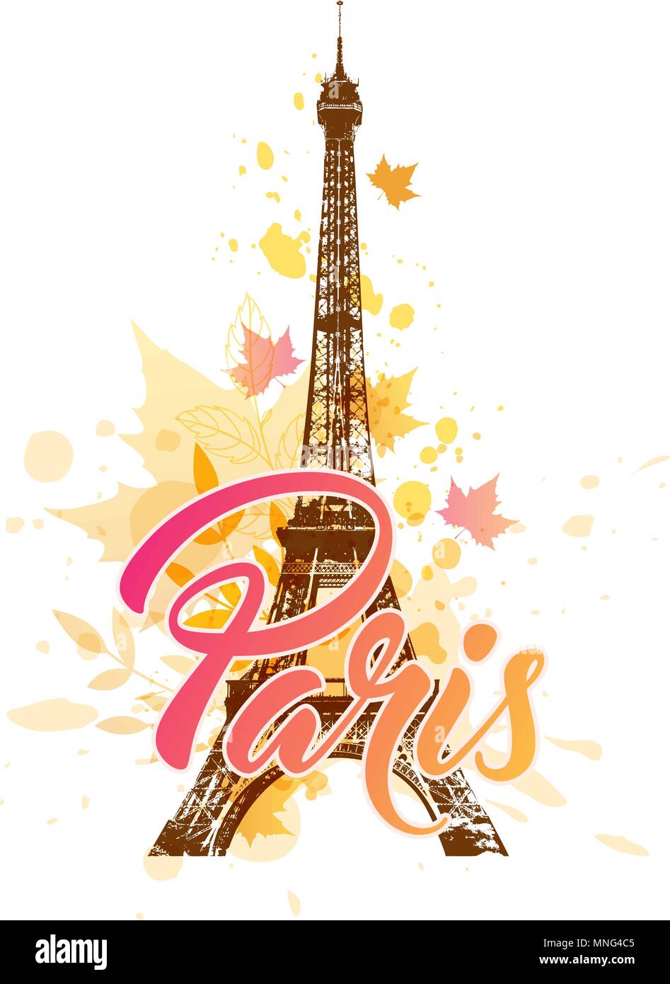 Vector background with Eiffel tower and falling autumn maple leaves Stock Vector