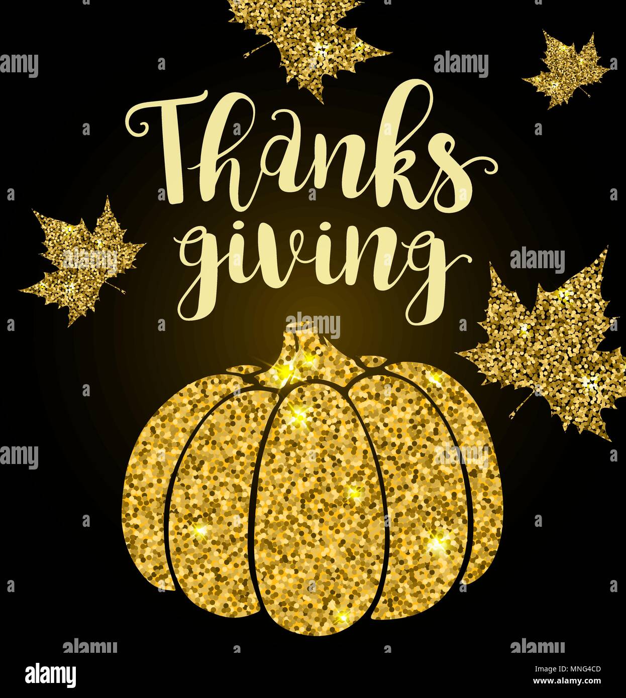 Golden glitter card with pumpkin, leaves and lettering. Greeting card for Thanksgiving Day. Holiday vector background. Stock Vector