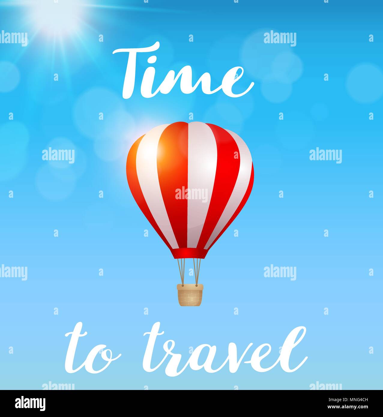 Red air balloon flying in the blue sky. Travel concept. Vector illustration. Stock Vector
