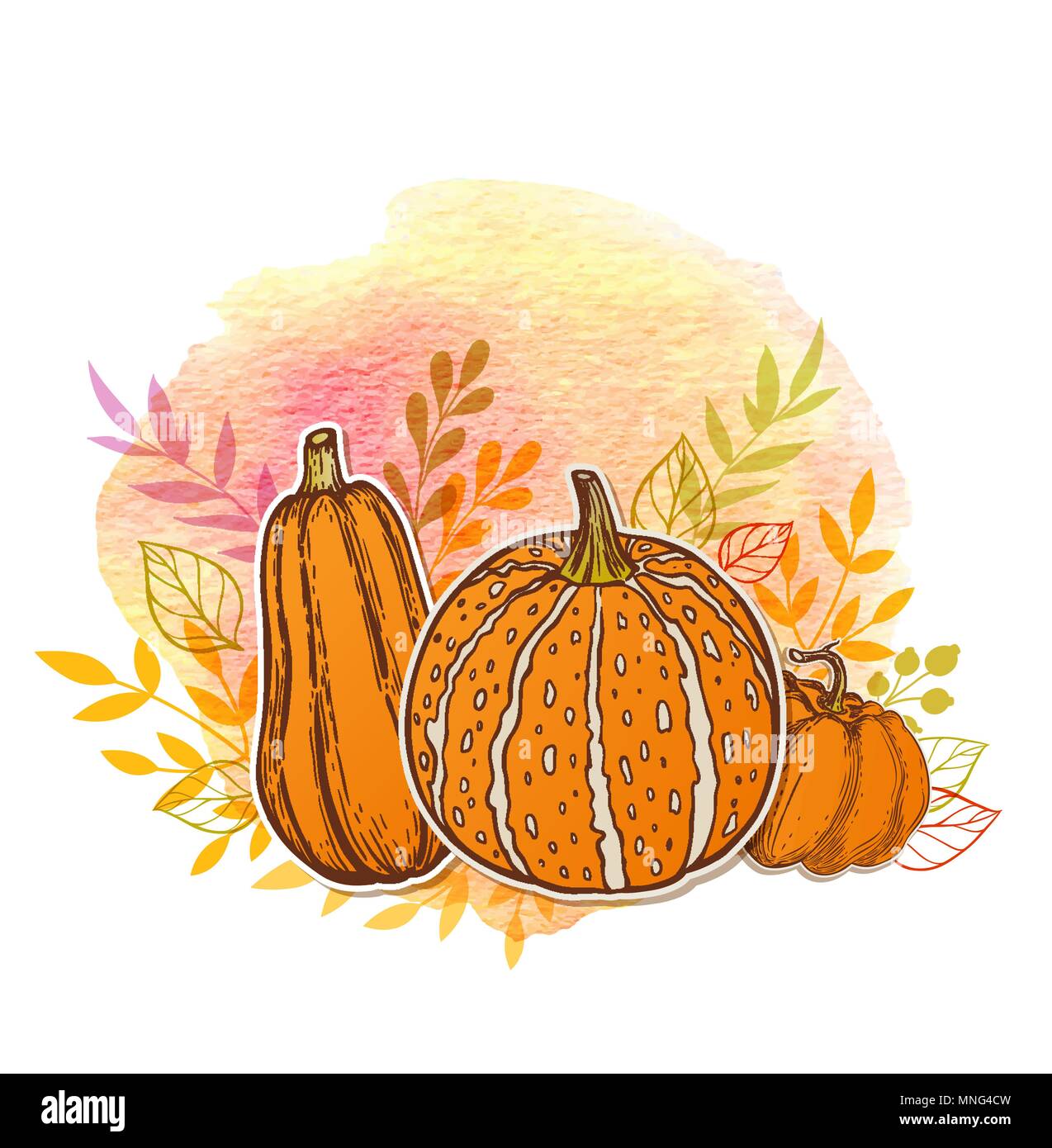 Autumn background with orange pumpkins and watercolor texture Stock Vector