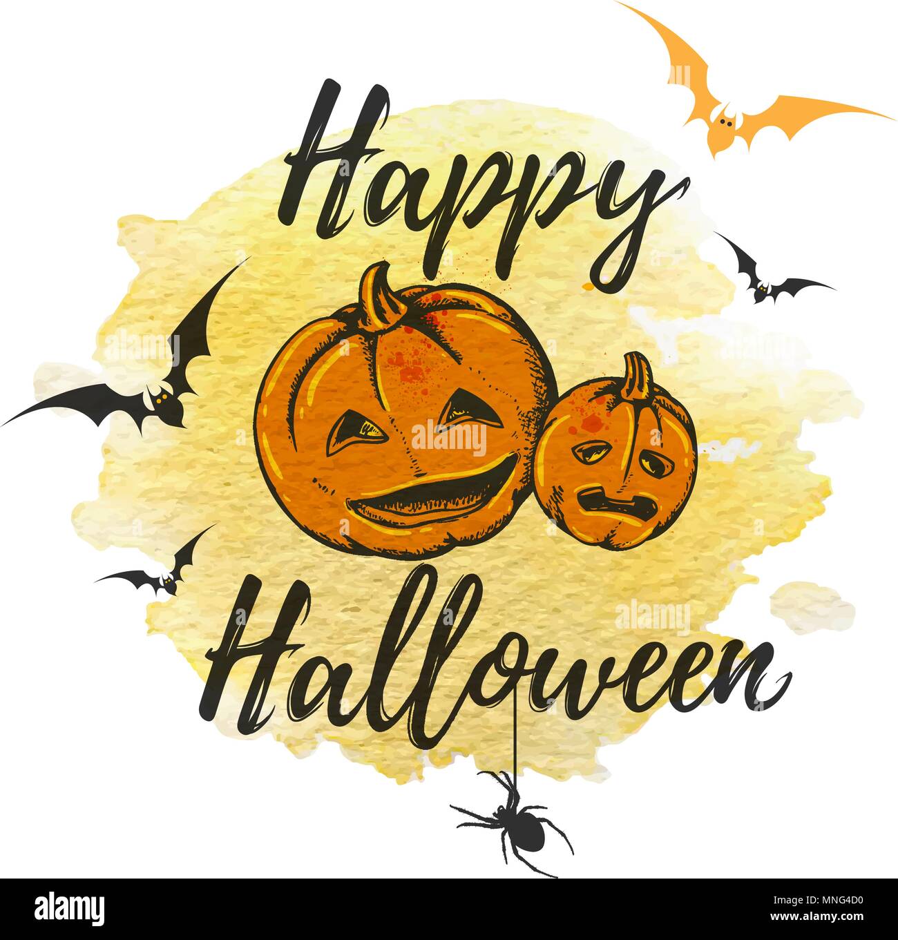 Halloween greeting card with orange pumpkins and yellow watercolor texture. Vector illustration. Stock Vector