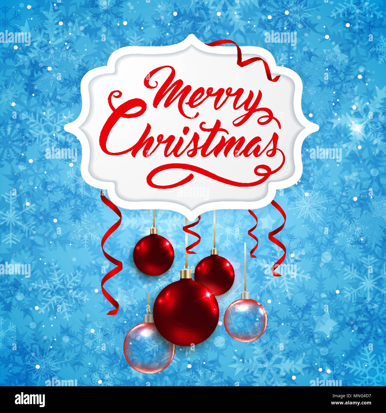 Vector Christmas banner with red baubles and greeting inscription on a blue background. Merry Christmas lettering Stock Vector
