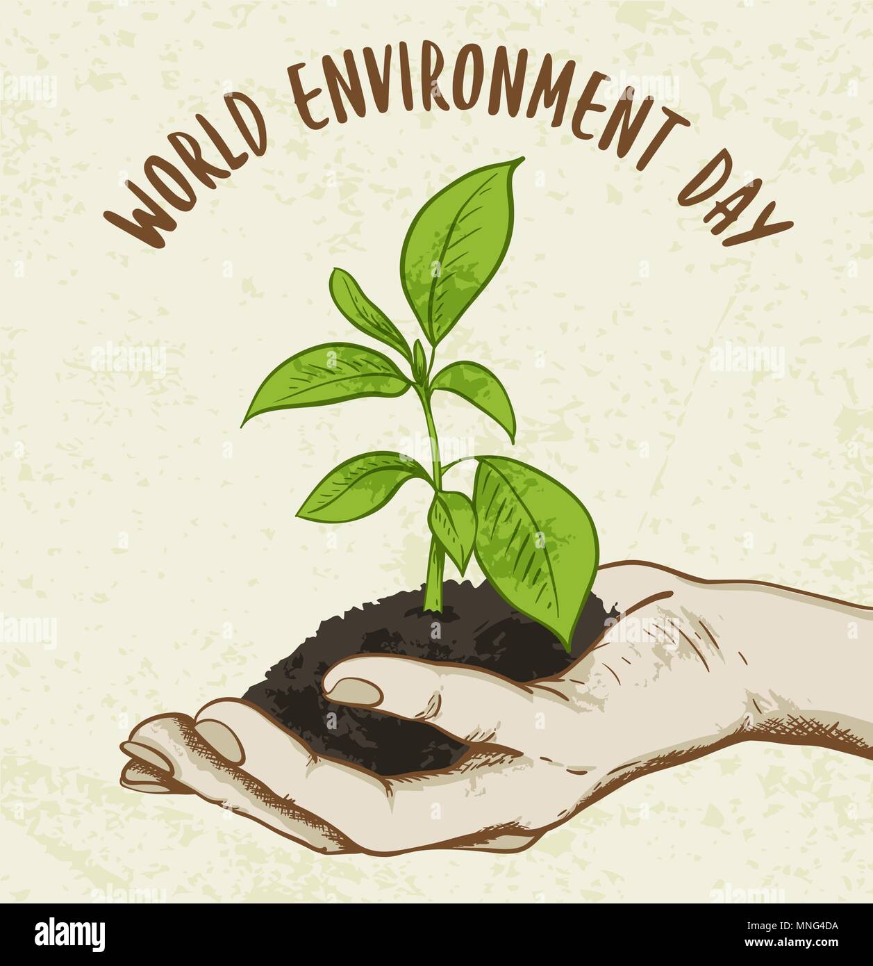 Background with green plant in human hand. Ecology concept for world environment day. Stock Vector
