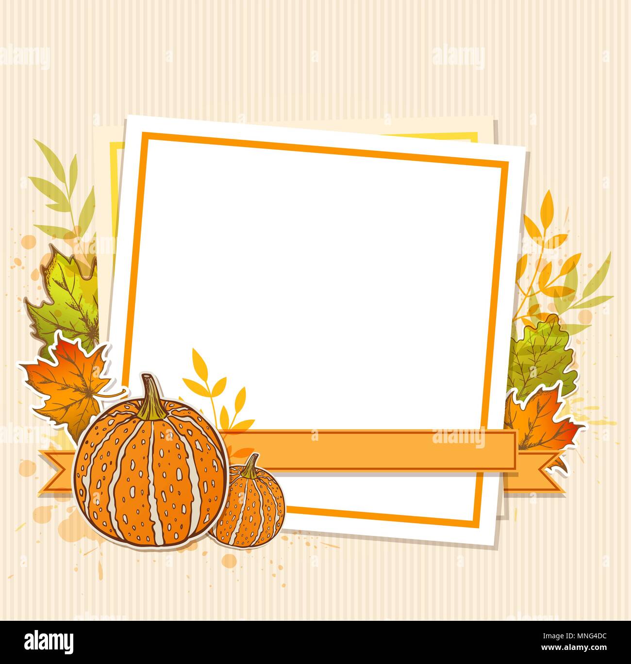 Autumn background with pumpkins, maple leaves and blank sheet of paper Stock Vector