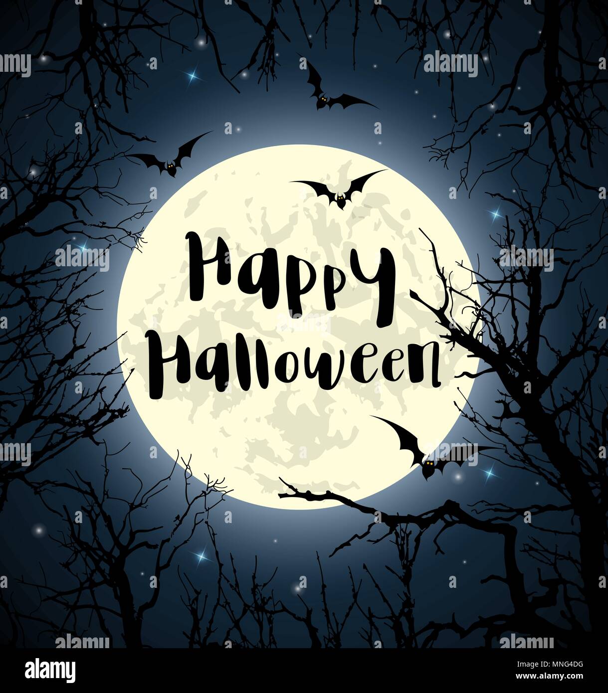 Halloween greeting card with full moon, bats and tree. Vector illustration Stock Vector