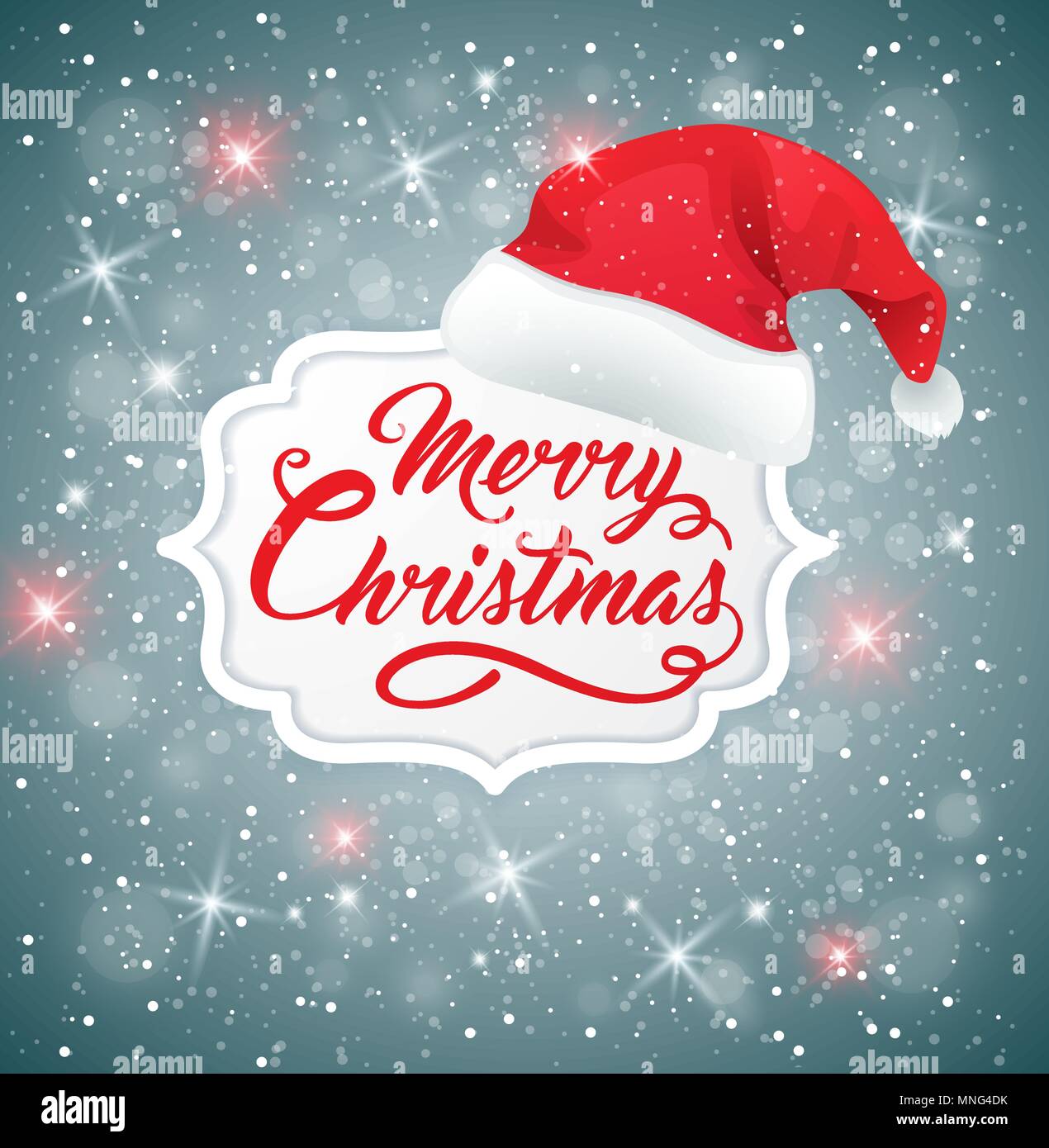 Vector Christmas background with hat of Santa Claus. Merry Christmas lettering Stock Vector