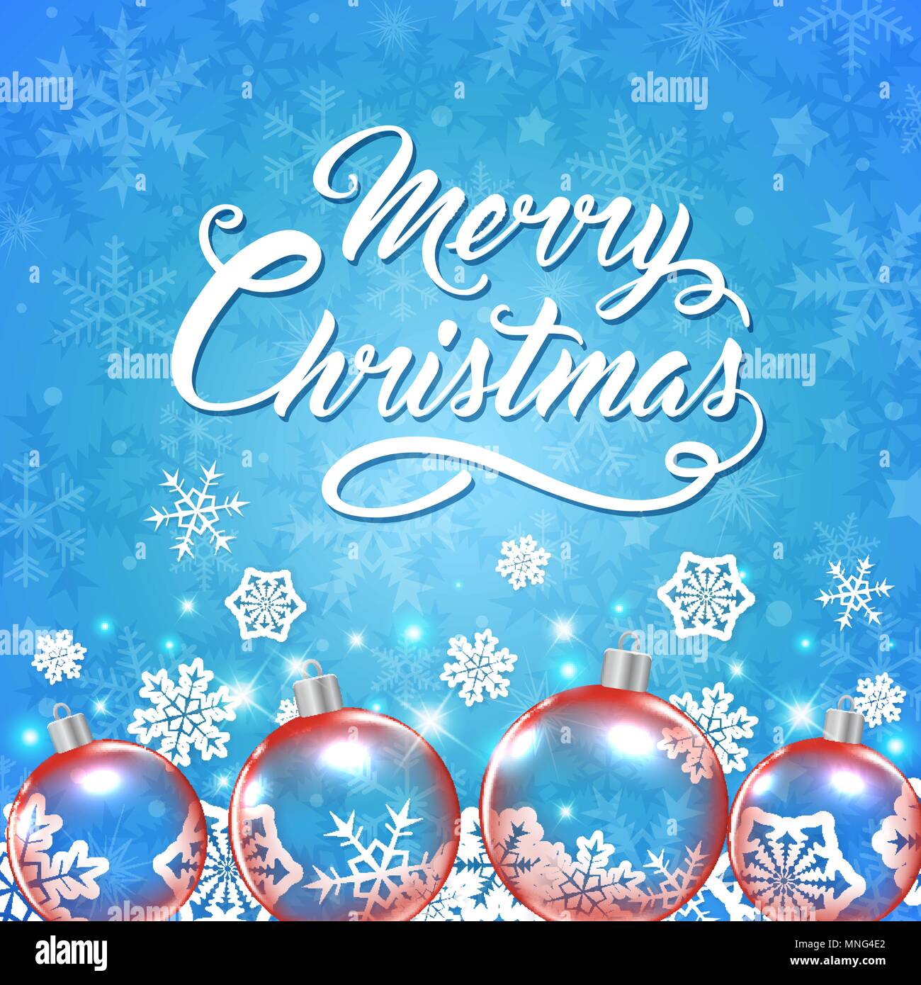 Vector Christmas card with red baubles and greeting inscription on a blue background. Merry Christmas lettering Stock Vector