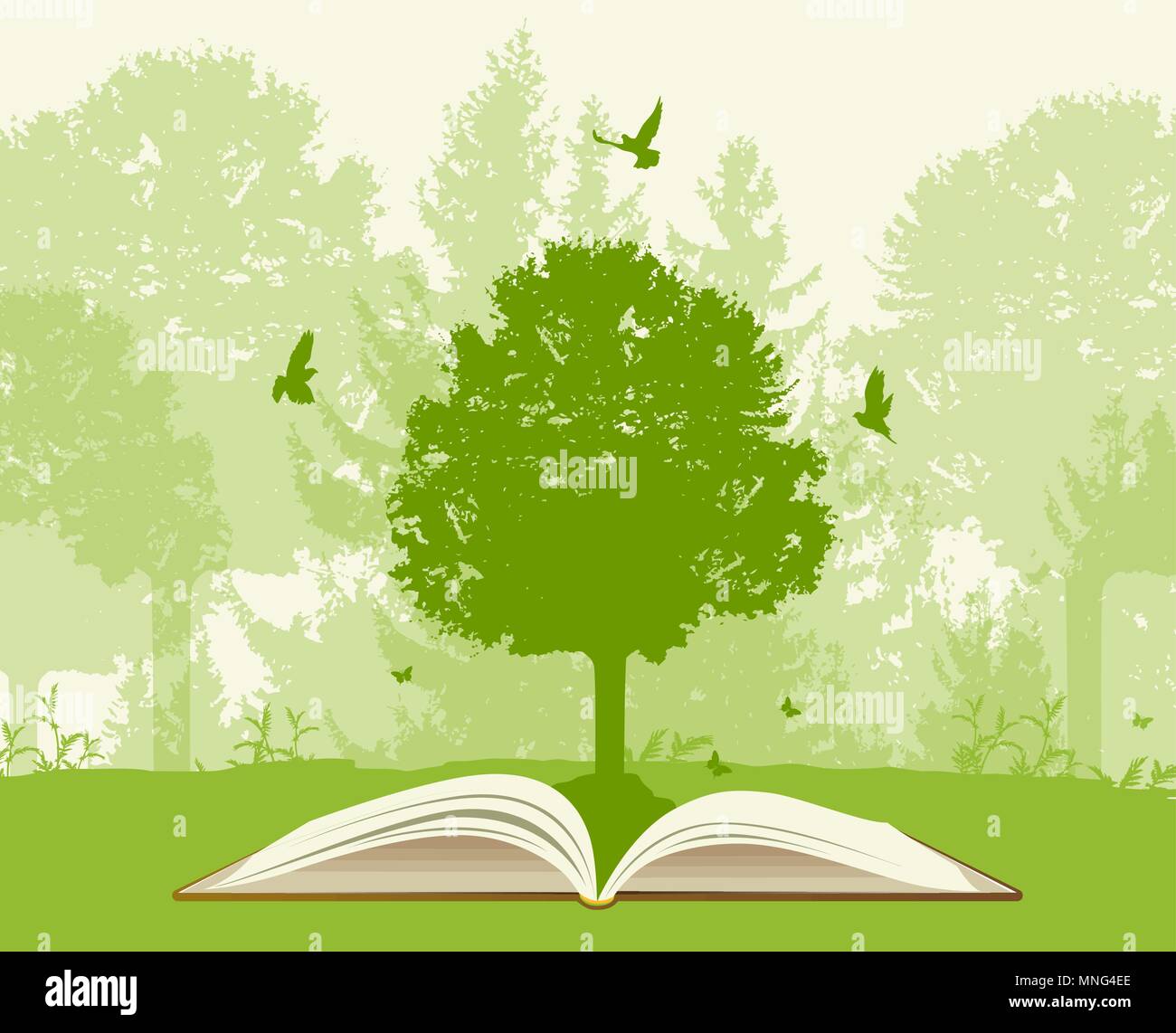 Open book with green tree and birds. Ecology concept. Stock Vector