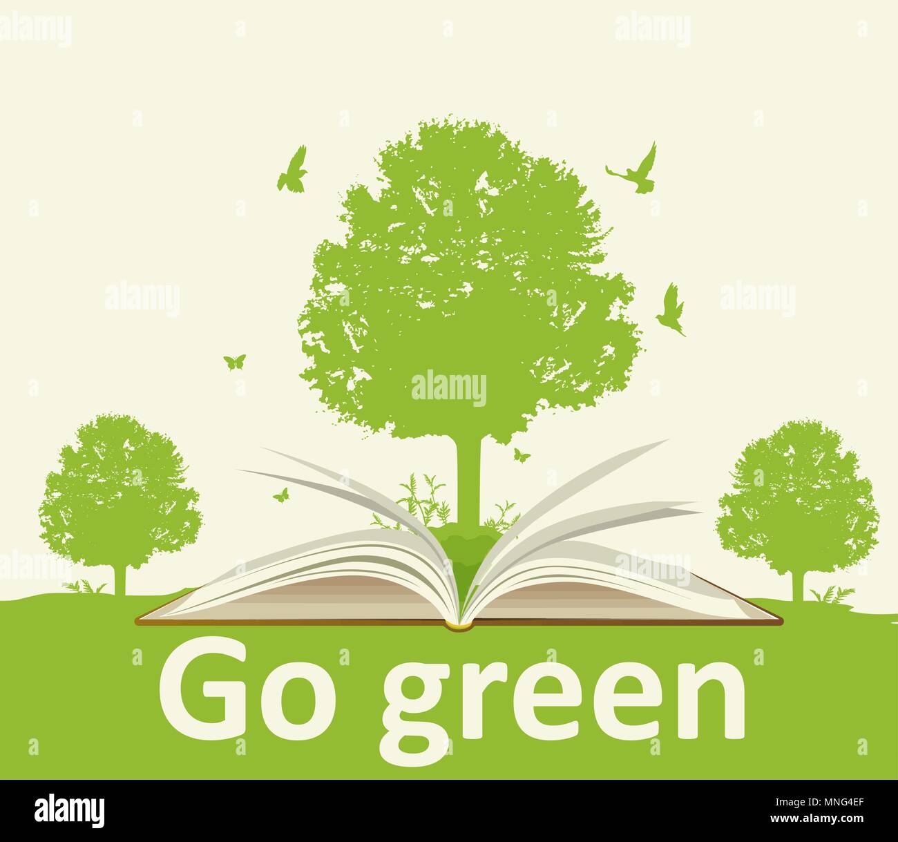 Landscape with open book, green tree and birds. Ecology concept. Stock Vector
