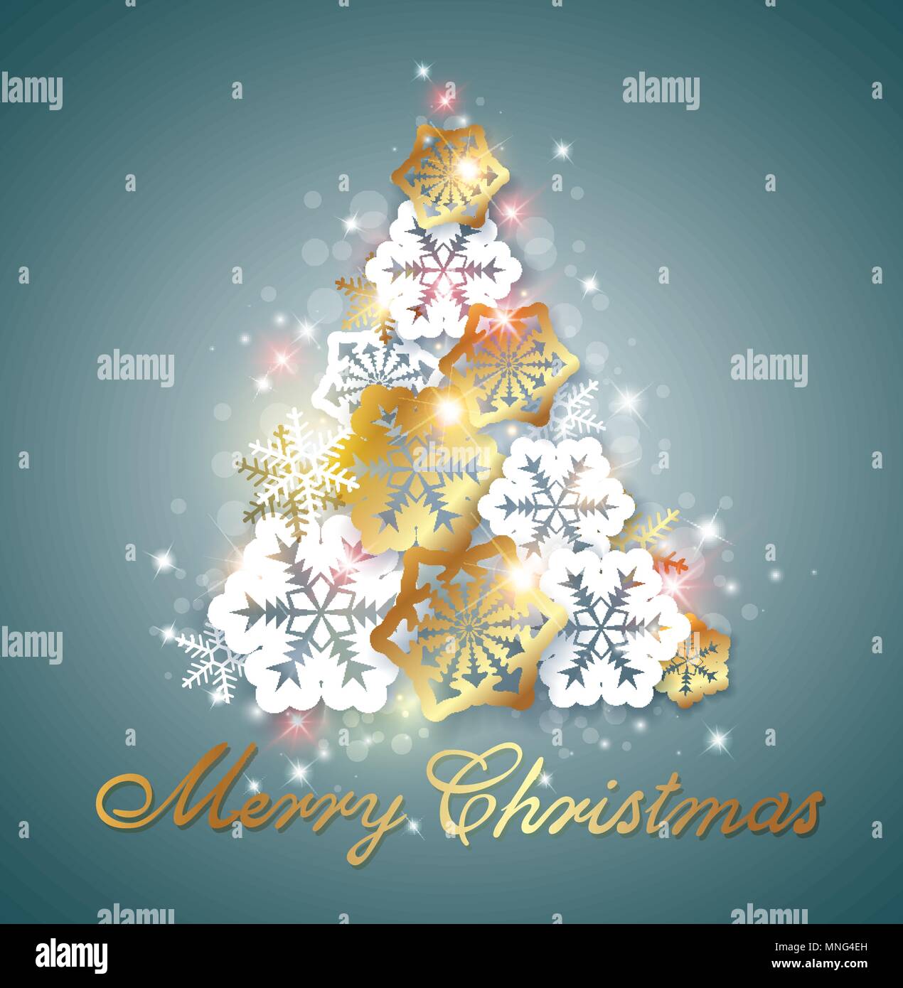 Green Christmas background with golden and white snowflakes. Decorative Christmas tree from snowflakes. Stock Vector
