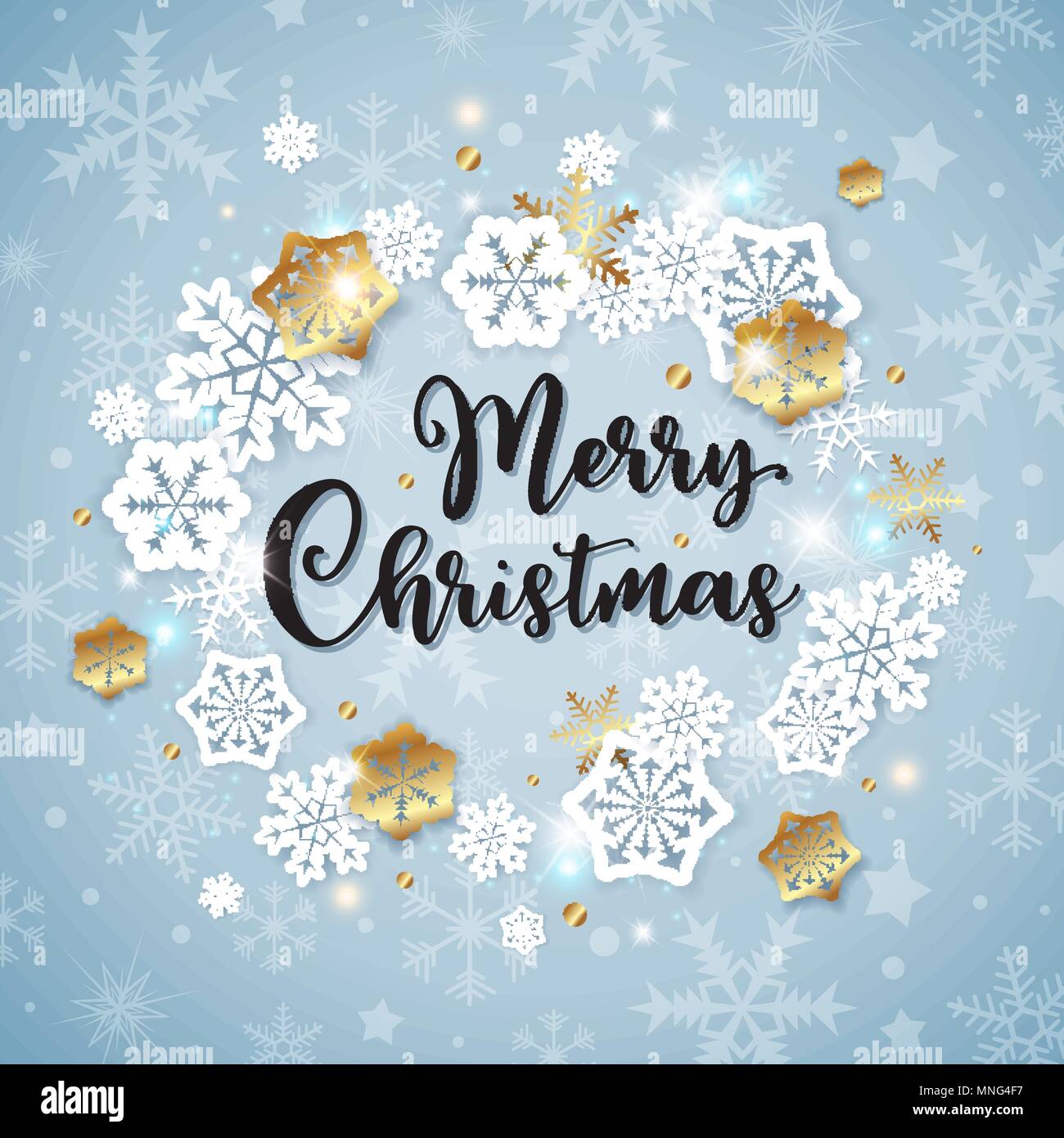 Vector Christmas banner with white and golden paper snowflakes on a blue background. Merry Christmas lettering. Stock Vector