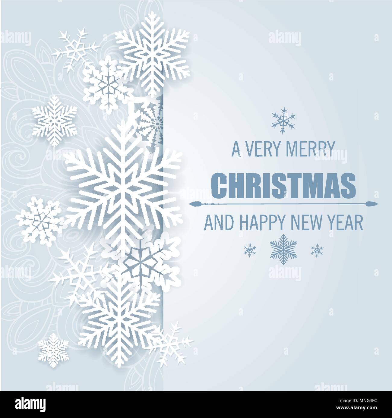 Decorative vector Christmas background with white paper snowflakes. Merry Christmas lettering. Stock Vector