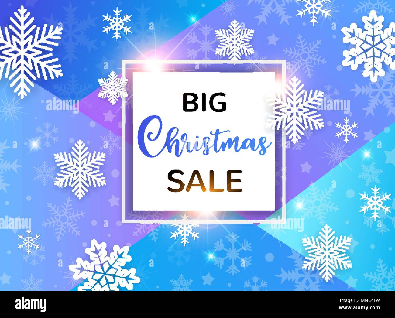 Design for seasonal Christmas sale. White snowflakes on a blue abstract geometrical background. Stock Vector