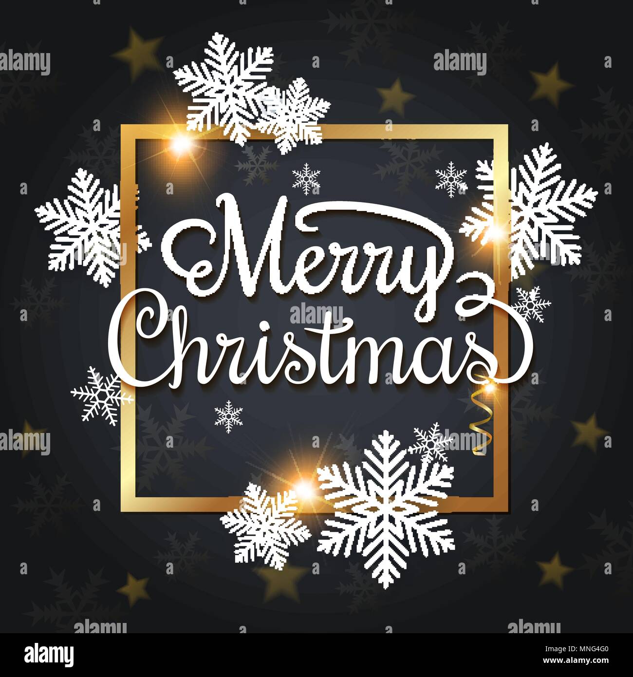 Vector Christmas greeting card. White snowflakes and golden frame on a ...