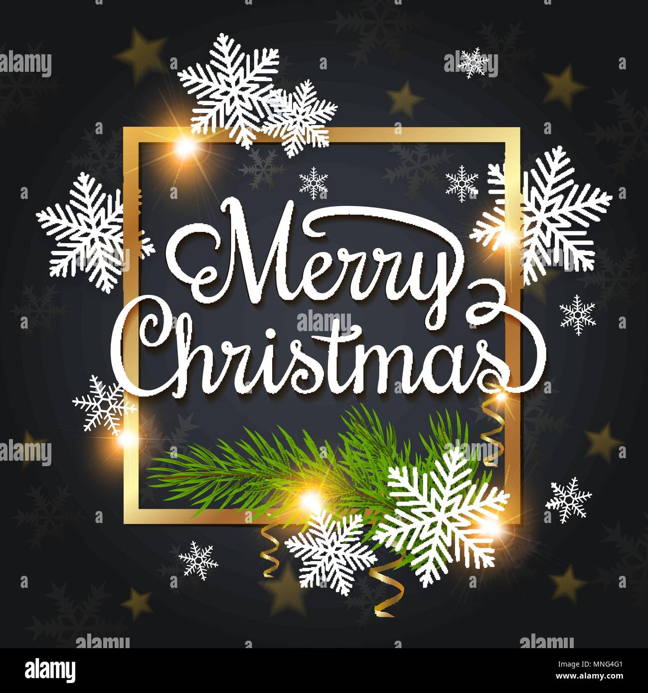 Vector Christmas greeting card. White snowflakes and green fir branch in a golden frame on a black background. Merry Christmas lettering Stock Vector