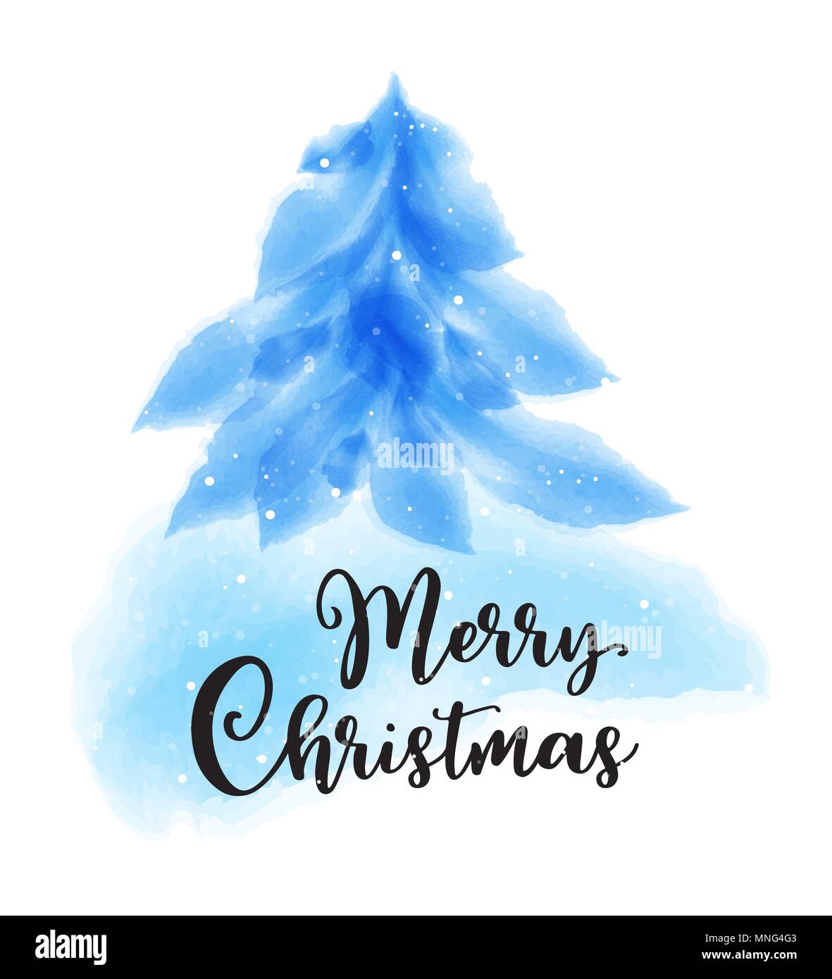 Blue watercolor fir on a white background. Christmas greeting card. Vector illustration. Stock Vector