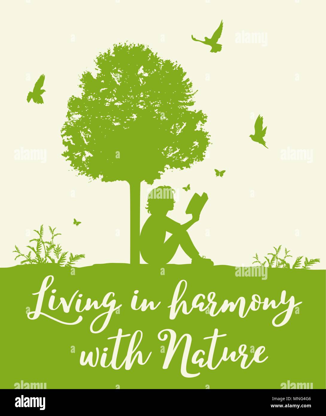 Landscape with green tree, birds and girl reading a book. Concept of living  in harmony with nature Stock Vector Image & Art - Alamy