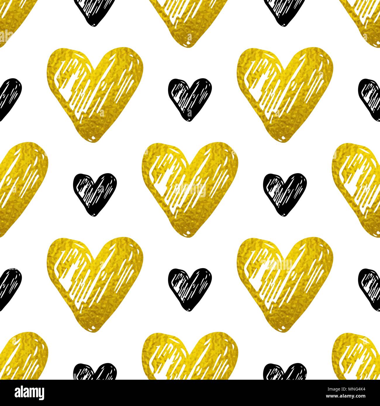 Decorative festive seamless pattern with golden and black hearts on a ...
